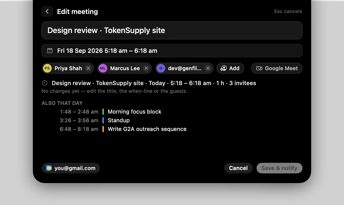 Editing a meeting: title, when-line, guest chips, Meet toggle and Save & notify
