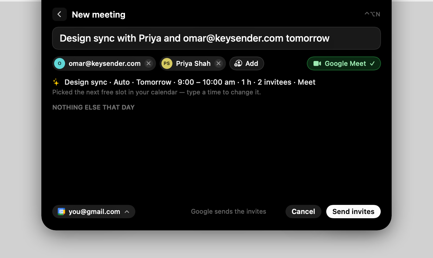 A new meeting with guest chips, a Google Meet toggle and an auto-picked free slot